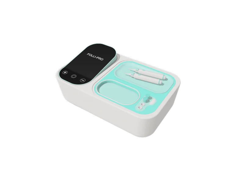Render of the Folli-Pro graft processing unit, a white benchtop device with a display and an aqua chilled tray