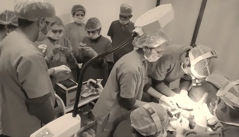 Operating room team working by hand at a hair transplant procedure